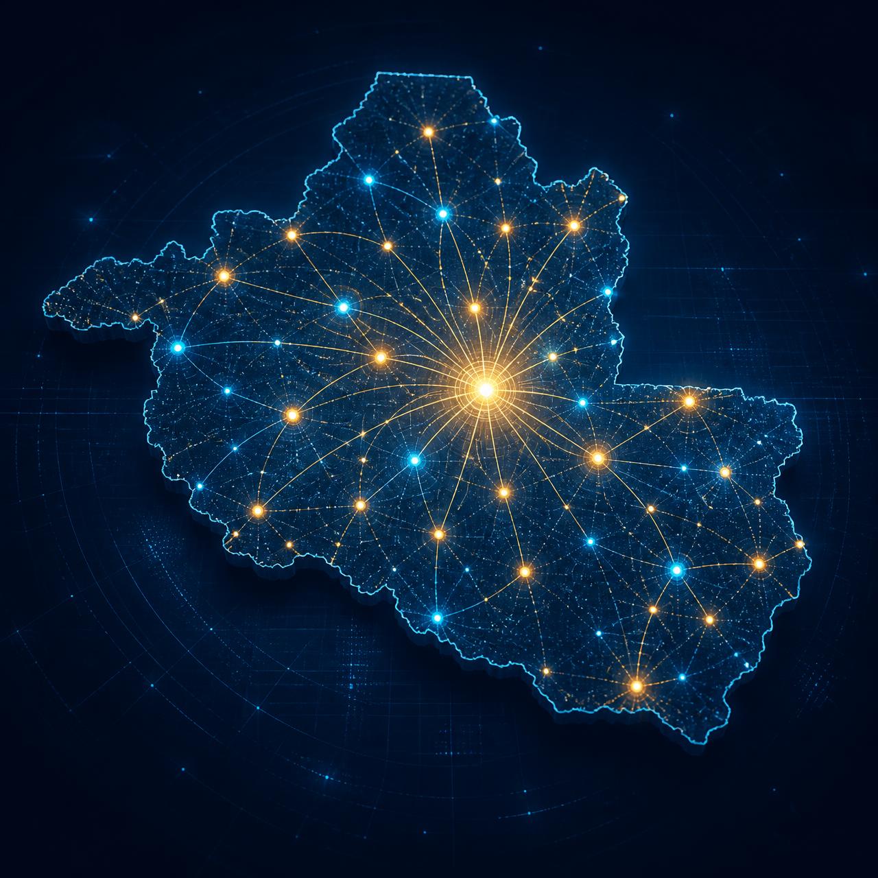 Mapa estilizado do Estado de Rondônia conectado digitalmente, com pontos de municípios e linhas de fluxo de informação até uma central de gestão